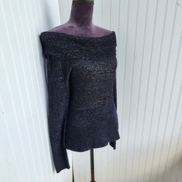 CACHE Womens NAVY GOLD OFF THE SHOULDER SOFT TUNIC TOP SWEATER Nylon Stretch M - Picture 2 of 12
